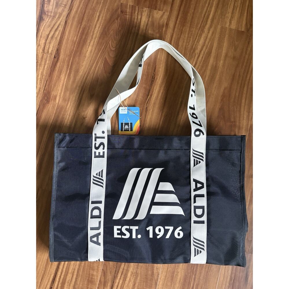 ALDI 50th Anniversary Nylon Tote Bag Black With Cream Straps Large Bag New